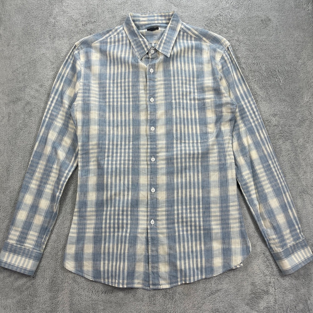 J. Crew Button Down Shirt Men L Blue Plaid Linen Blend Long Sleeve Casual